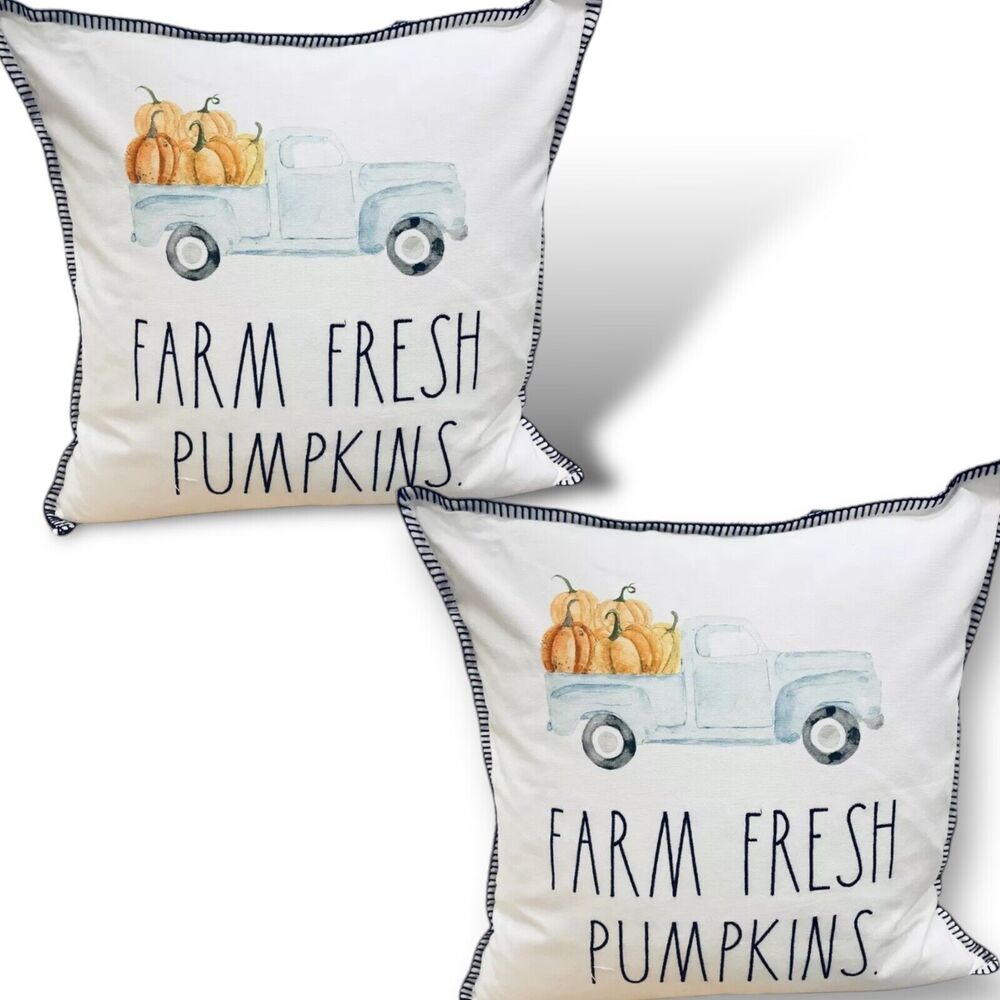 2 Rae Dunn Pillow White 20”x20” Throw PUMPKINS Blue Truck Farmers Market Rustic